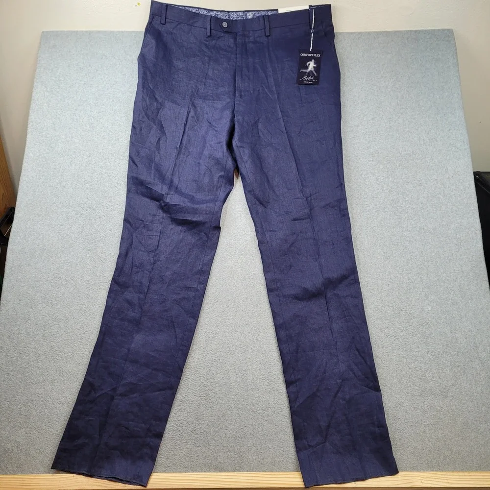 Ralph Ralph Lauren Eddie Dress Pants Mens 42x34 Navy Blue 100% Linen Big & Tall